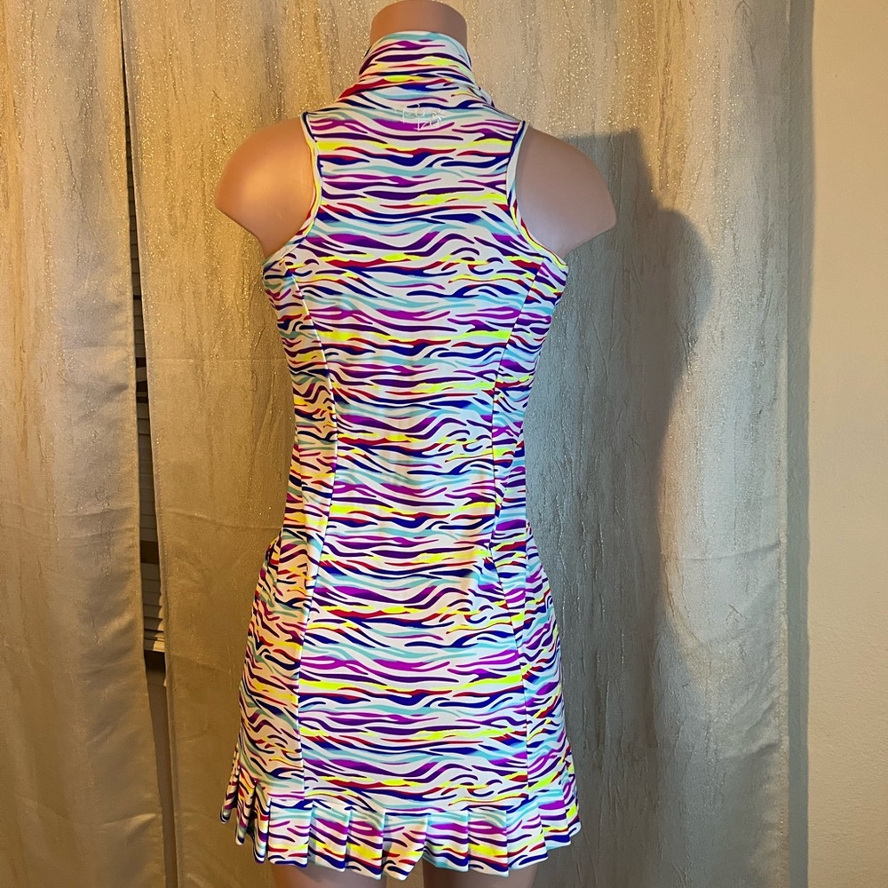 Tzu Tzu Multicolor Zebra-Stripe Mini Dress — White, Purple, Pink, Yellow, Blue
